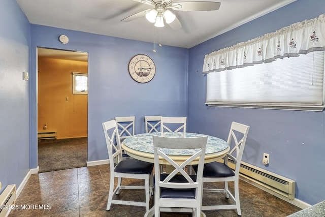 dining space featuring ceiling fan, a baseboard radiator, and dark carpet