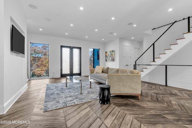 living room with parquet floors and french doors