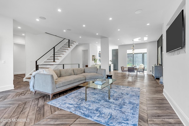 living room with dark parquet floors