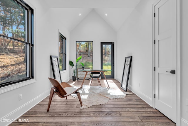 living area with vaulted ceiling, hardwood / wood-style floors, and plenty of natural light