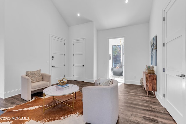 sitting room with high vaulted ceiling and dark hardwood / wood-style flooring