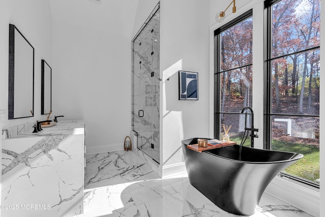 bathroom with vanity and plus walk in shower