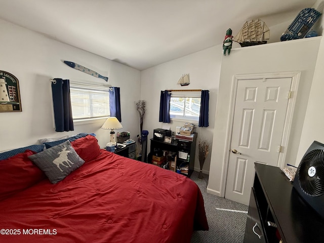 bedroom with dark colored carpet