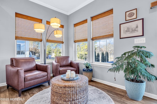 living area with hardwood / wood-style flooring, ornamental molding, and a healthy amount of sunlight