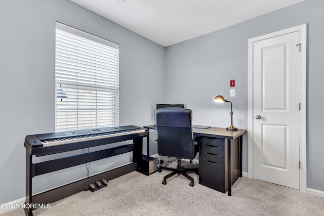 office area featuring light colored carpet