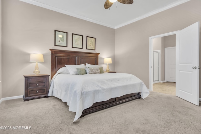 carpeted bedroom featuring ceiling fan and crown molding