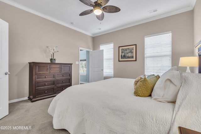 bedroom featuring ceiling fan, light colored carpet, and ornamental molding