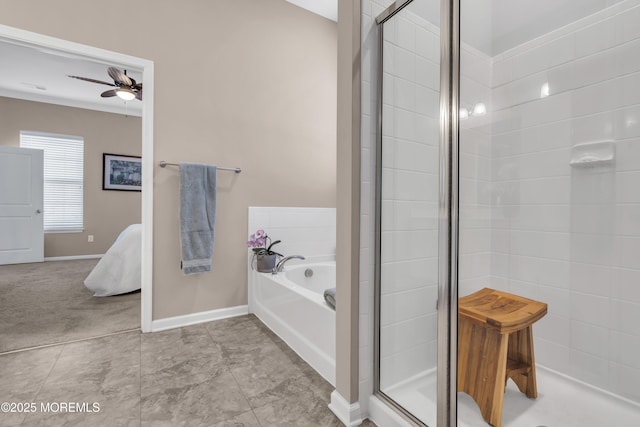 bathroom featuring ceiling fan, crown molding, and independent shower and bath