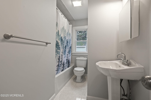 bathroom with toilet, shower / bath combination with curtain, and tile patterned floors