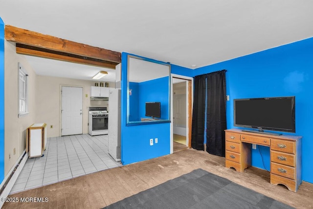 unfurnished living room featuring light tile patterned flooring, a baseboard heating unit, and beamed ceiling