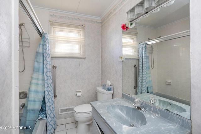 full bathroom featuring tile patterned flooring, crown molding, vanity, and toilet