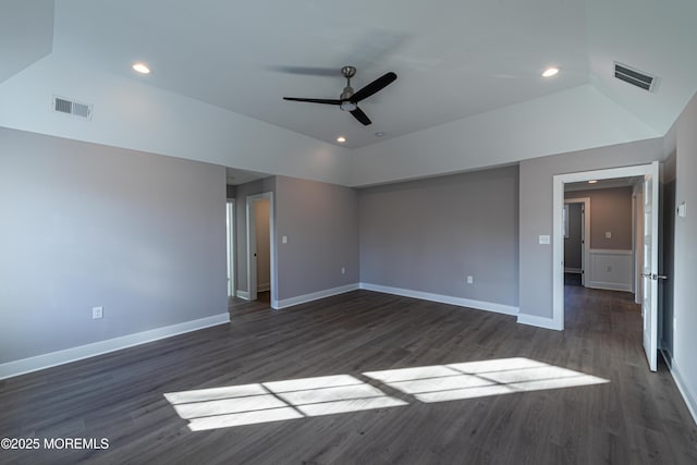 interior space with dark wood-type flooring, lofted ceiling, and ceiling fan