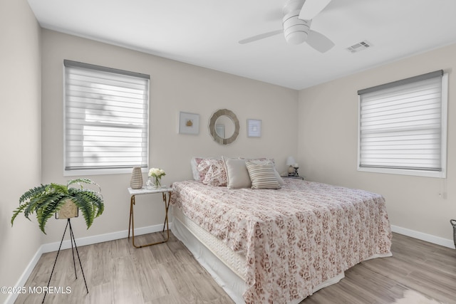 bedroom featuring ceiling fan and light hardwood / wood-style flooring