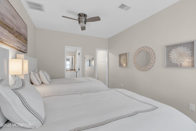 bedroom featuring ensuite bath and ceiling fan