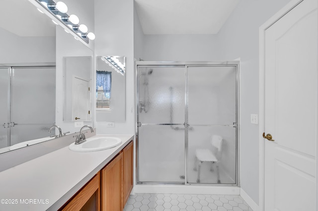 bathroom featuring tile patterned flooring, walk in shower, and vanity