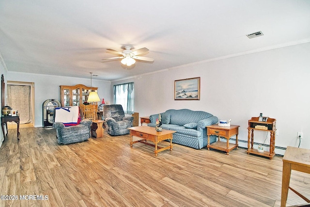 living room featuring ornamental molding, ceiling fan, light hardwood / wood-style flooring, and baseboard heating