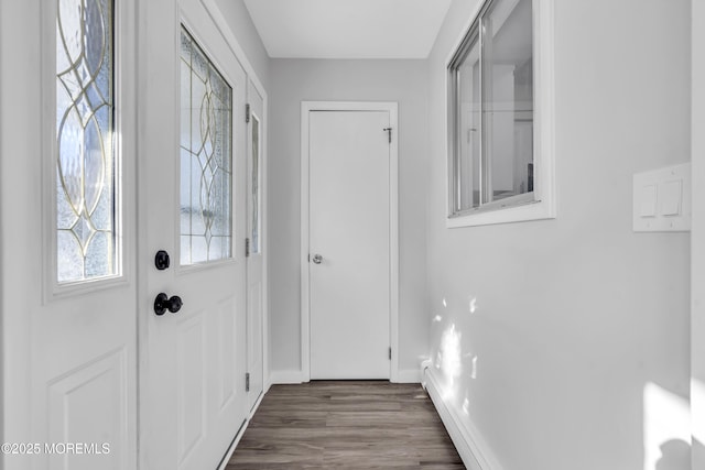 doorway with dark hardwood / wood-style flooring