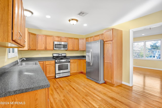 kitchen featuring appliances with stainless steel finishes, light hardwood / wood-style flooring, and sink