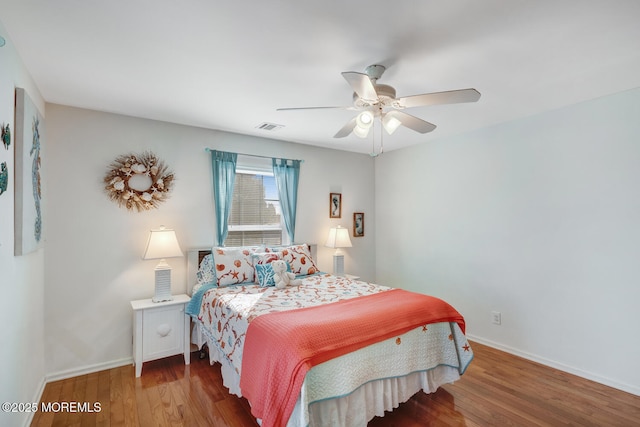 bedroom with ceiling fan and wood-type flooring