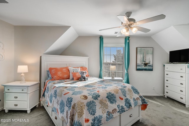 bedroom with ceiling fan, light carpet, and lofted ceiling