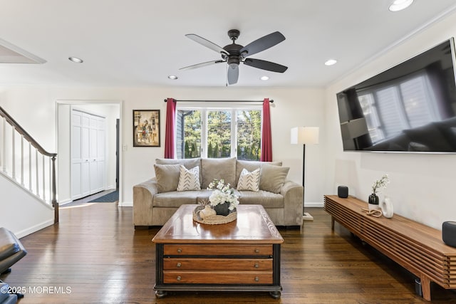 living room with ceiling fan, dark hardwood / wood-style floors, and crown molding