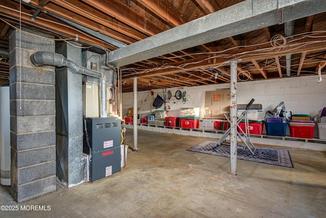 basement featuring heating unit