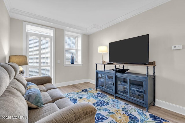 living room with light wood-type flooring and crown molding