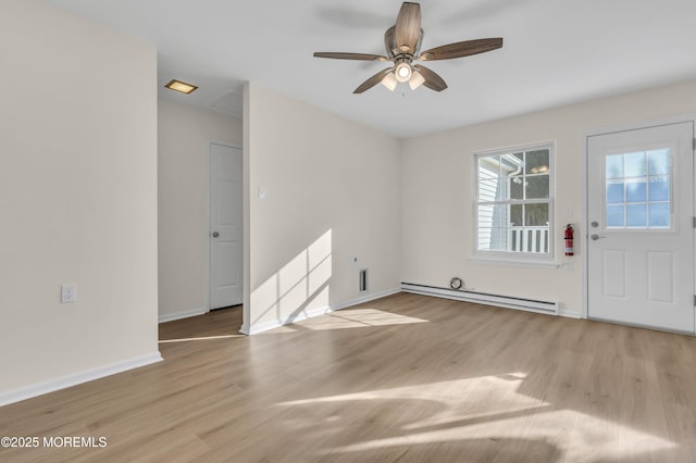 entrance foyer with baseboard heating, light hardwood / wood-style flooring, and ceiling fan