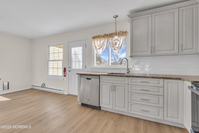 kitchen featuring a baseboard radiator, white cabinetry, sink, hanging light fixtures, and stainless steel dishwasher