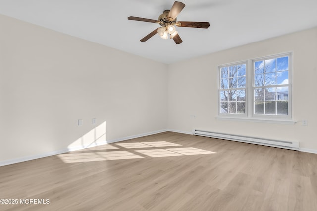 unfurnished room featuring light wood-type flooring, baseboard heating, and ceiling fan