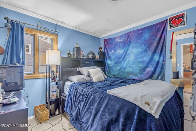 carpeted bedroom with crown molding