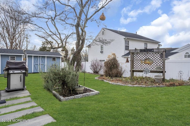 view of yard featuring a storage shed