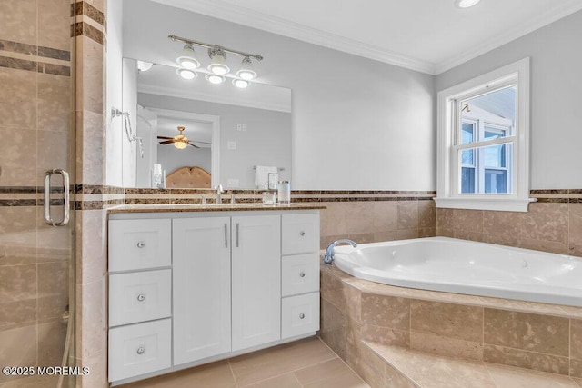 bathroom with ceiling fan, ornamental molding, tile patterned floors, and vanity