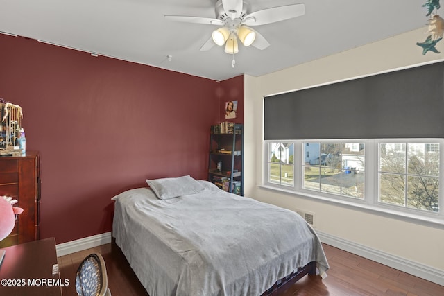 bedroom featuring ceiling fan and hardwood / wood-style flooring