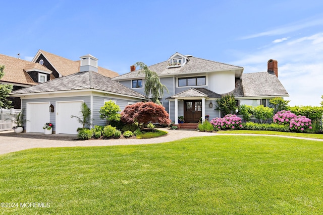 view of front facade with a garage and a front lawn