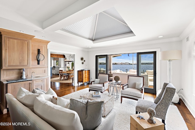 living room with sink, dark wood-type flooring, ornamental molding, and a water view