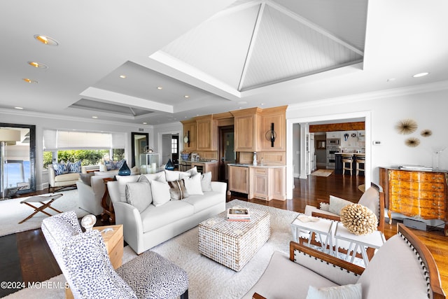 living room with a raised ceiling, ornamental molding, and hardwood / wood-style flooring