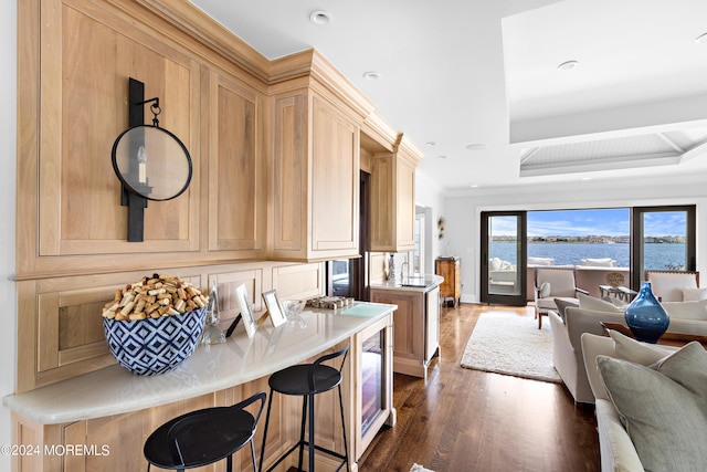 kitchen with a water view, kitchen peninsula, ornamental molding, dark wood-type flooring, and light brown cabinetry