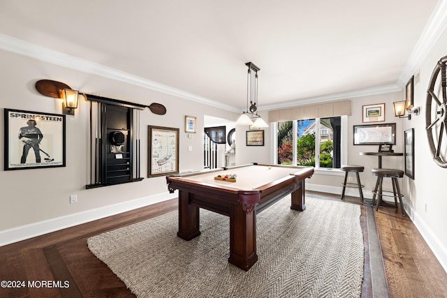 rec room with dark hardwood / wood-style flooring, pool table, and crown molding