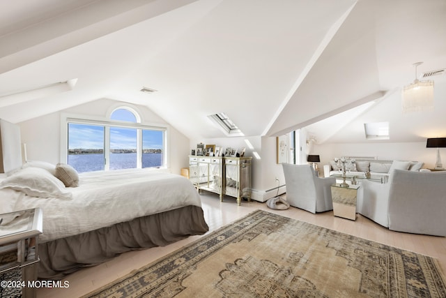 bedroom with lofted ceiling, a baseboard heating unit, light wood-type flooring, and a water view