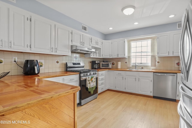 kitchen featuring stainless steel appliances, white cabinetry, and wooden counters