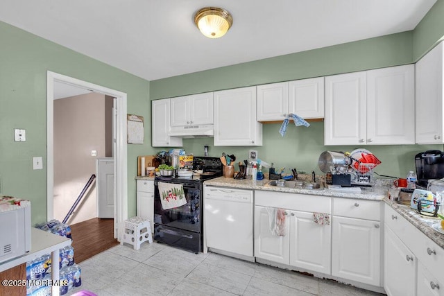 kitchen with white dishwasher, white cabinetry, black range with electric stovetop, and sink