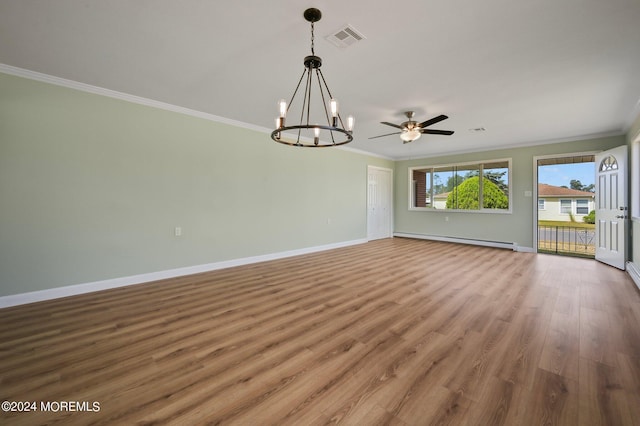 unfurnished room with ceiling fan with notable chandelier, a baseboard heating unit, hardwood / wood-style flooring, and crown molding