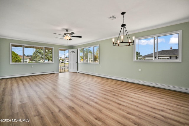 unfurnished room featuring ornamental molding, light wood-type flooring, ceiling fan with notable chandelier, and a baseboard heating unit