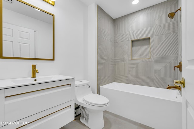 full bathroom featuring toilet, baseboard heating, tub / shower combination, and vanity