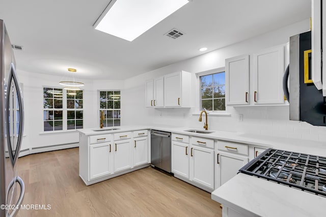 kitchen featuring sink, white cabinets, kitchen peninsula, decorative backsplash, and appliances with stainless steel finishes