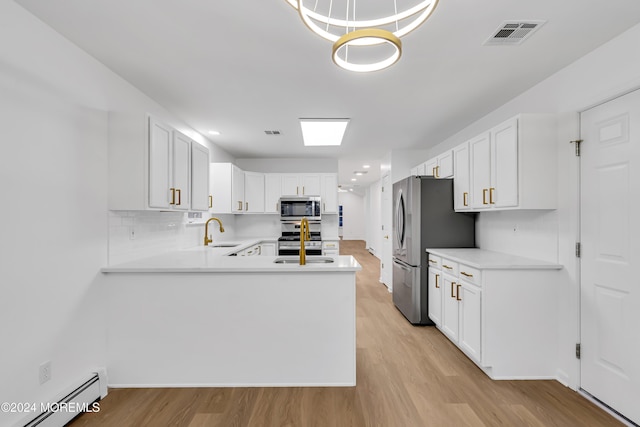 kitchen with kitchen peninsula, stainless steel appliances, a baseboard heating unit, and white cabinets