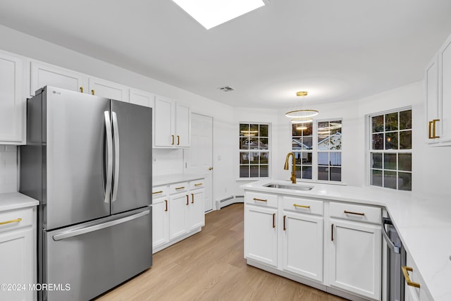 kitchen with appliances with stainless steel finishes, white cabinets, sink, and a baseboard heating unit