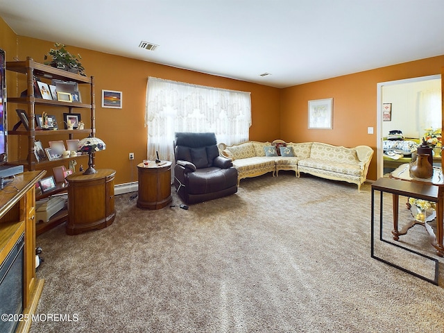 carpeted living room featuring a baseboard radiator