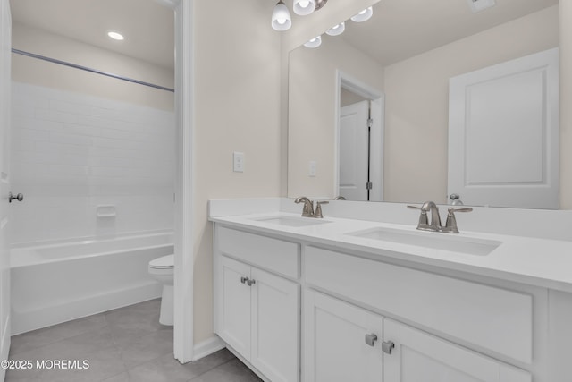 full bathroom with vanity, toilet, bathtub / shower combination, and tile patterned flooring